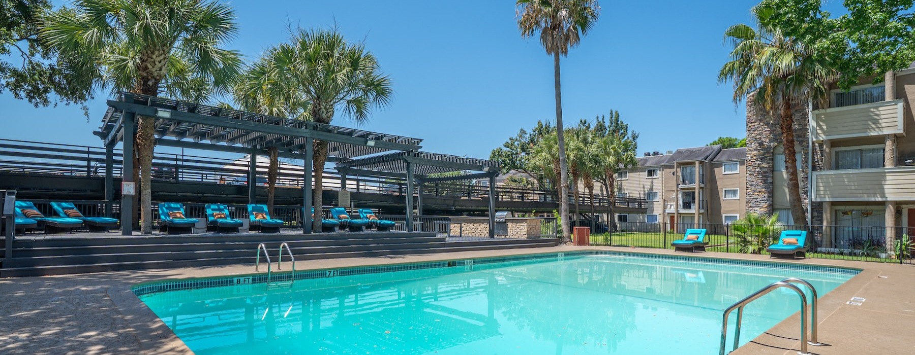 a swimming pool with palm trees
